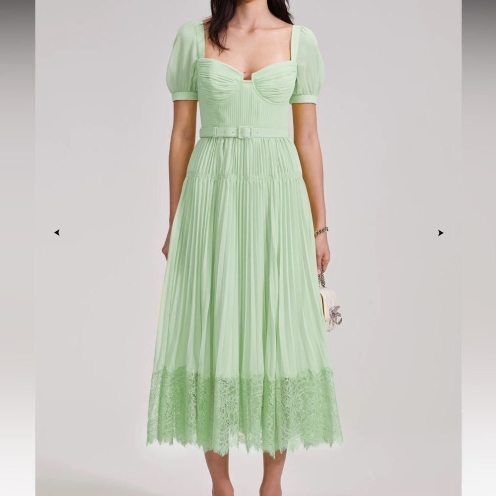 SELF PORTRAIT GREEN CHIFFON LACE MIDI DRESS 12